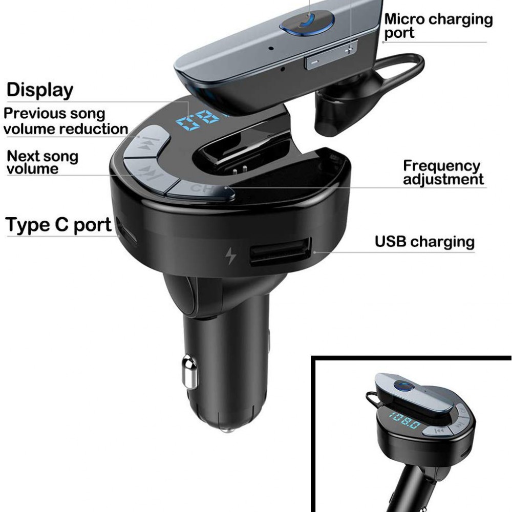 Ασύρματος Πομπός Handsfree με Ακουστικό Bluetooth & USB Φορτιστής Αυτοκινήτου - Micro SD - TF, USB, MP3 Player με LCD Οθόνη - Car FM Transmitter